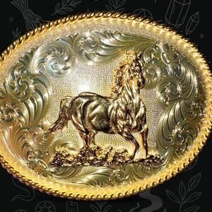 Vintage Montana Silversmiths Horse Western Belt Buckle Gold Tone Engraved Cowboy